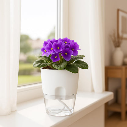 8 Pack Self Watering Pots for Indoor Plants, PlanterHoma 3.2 Inch Plant Pot Plastic Self Watering Planter for Orchid, African Violet, Mini Clear Flower Pots with Drainage Holes and Wicking Rope, White