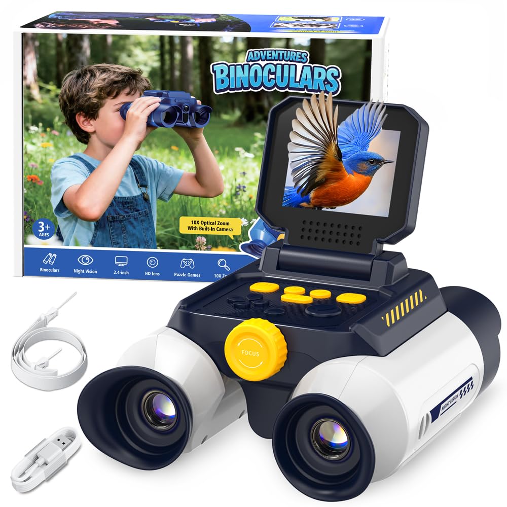 Ahalfcit Binoculars for Kids with Night Vision, 2.4" HD Screen & 10X Zoom for Photo and Video - Outdoor Adventure Binoculars Bird Watching, Camping, Hiking, Gifts for Kids Ages 4+ (White)