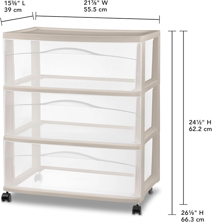 Sterilite Wide Storage Cart, 3 Clear Drawer Plastic Organizer with Wheels, Grey Pumice Frame - Rolling Unit for Craft Supplies or Home Accessories
