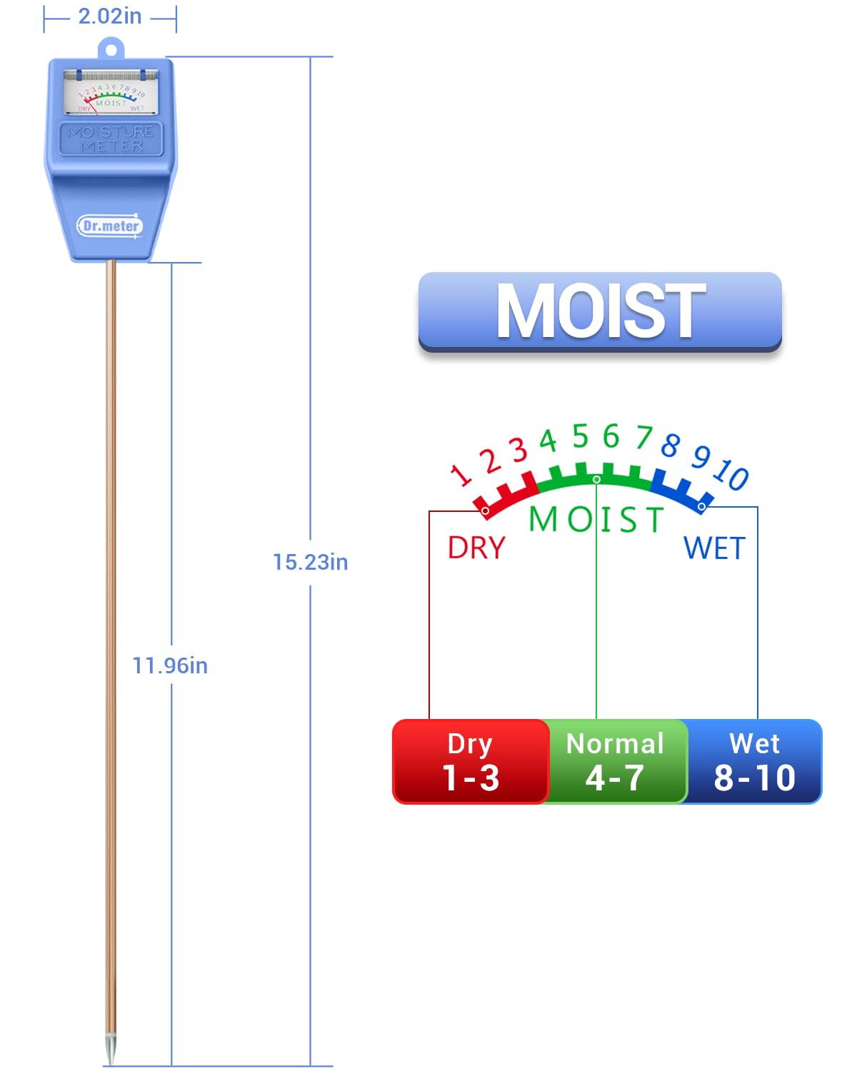 Dr.meter Soil Moisture Meter Tester for Plants, Long Probe Hygrometer Moisture Sensor for Houseplants Indoor Outdoor Garden Lawn Use - Plant Water Gauge Meter, No Battery Needed, Gardening Gifts, Blue