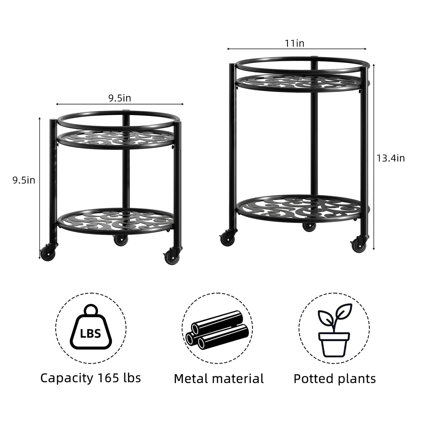 Rioneta 2 Tier Heavy Duty Rolling Plant Stand – 165 lbs Capacity Flower Pot Holder with Wheels for Indoor & Outdoor, Easy Move Cart for Balcony, Patio, Garden, 2 Pack Black