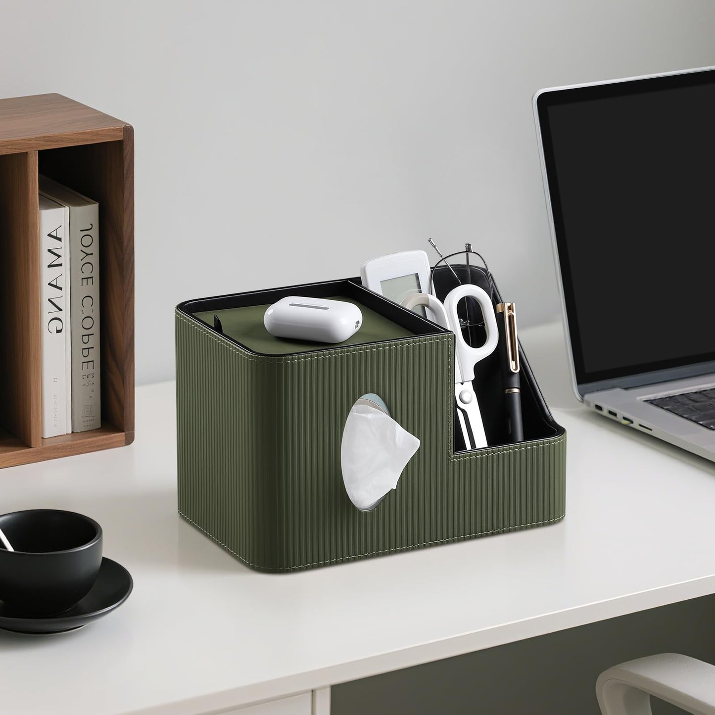 PU Leather Square Tissue Box Cover with Magnetic Closure, Tissue Holder with Storage Tray & Remote Control Organizer, for Nightstand, Living Room, Bathroom, Office Desk (Green Stripes)