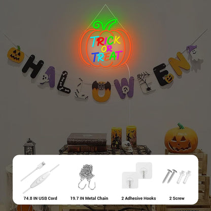 LMHSE Halloween Neon Sign, Halloween Wall Decor Pumpkin Trick or Treat Neon Signs for Decorating Rooms, Windows, Funny Home Decor, Party, Halloween Decoration USB Powered