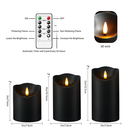 kakoya Flameless LED Candles Battery Operated with Remote and Timer,Flickering Electric Fake Plastic Pillar Candles Set of 12(D3 x H 3" 4" 5") Black