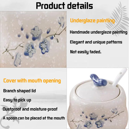YMYL Ceramic Sugar Bowl with Lid and Spoon Set of 2, 13.5oz Porcelain Condiment Pots Salt Bowl Sugar Jar Seasoning Jars Set for Kitchen, Dishwasher Safe