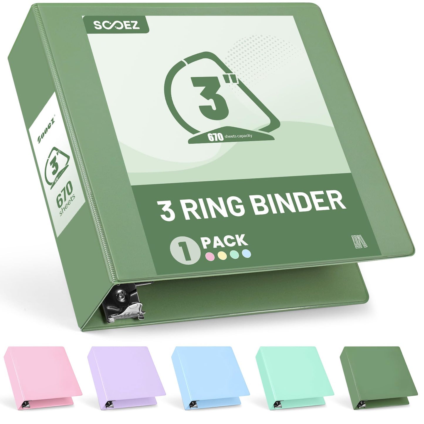 Sooez BinderX Extra Durable 3 Inch 3 Ring Binder, D-Ring Large Binder, Holds 670 Sheets of 8.5x11 Paper, Customizable View Cover with Inside Pockets, Heavy Duty 3 Ring Binder for School, Olive Green