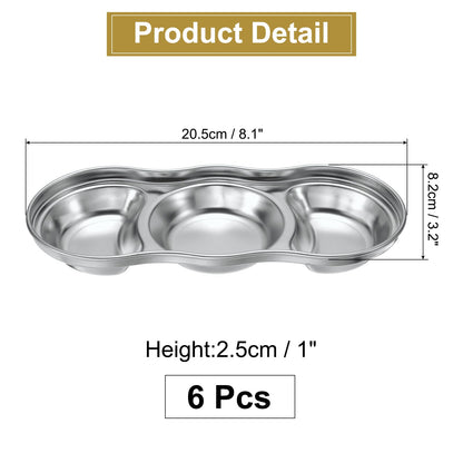 uxcell 6 Pack Stainless Steel Dish Dipping Bowls with 3 Round Compartment Divided, Metal Seasoning Plate Dipping Bowl for Condiment Home Party Restaurant Picnic Travel, Silver