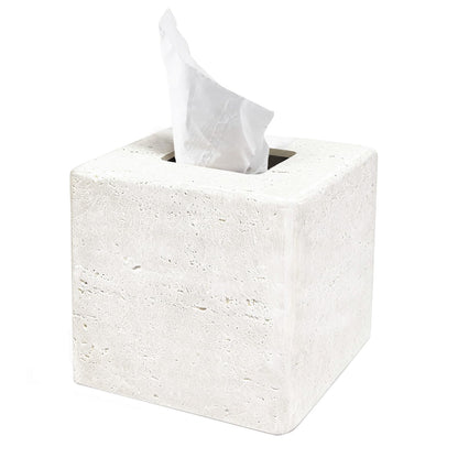 Decorative Square Tissue Box Cover – White Resin Tissue Holder for Bathroom, Bedroom, Countertop, Modern Stone-Look Tissue Box