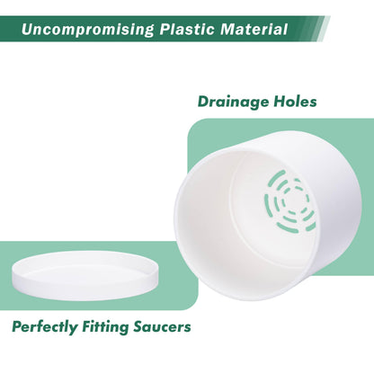 D'vine Dev 2 Pack 5.5 Inch Modern Plastic Plant Pots, Small Garden Planters for Plant with Drainage Holes and Saucers, White Color, 74-Z-H-1