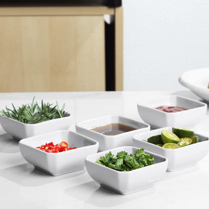 Yedio 3 Oz Square Dip Bowls Set of 6, White Ceramic Dipping Sauce Dishes, Mini Condiment Bowls for Soy Sauce, Sushi, BBQ, Ketchup, Vinegar, Party & Daily Use