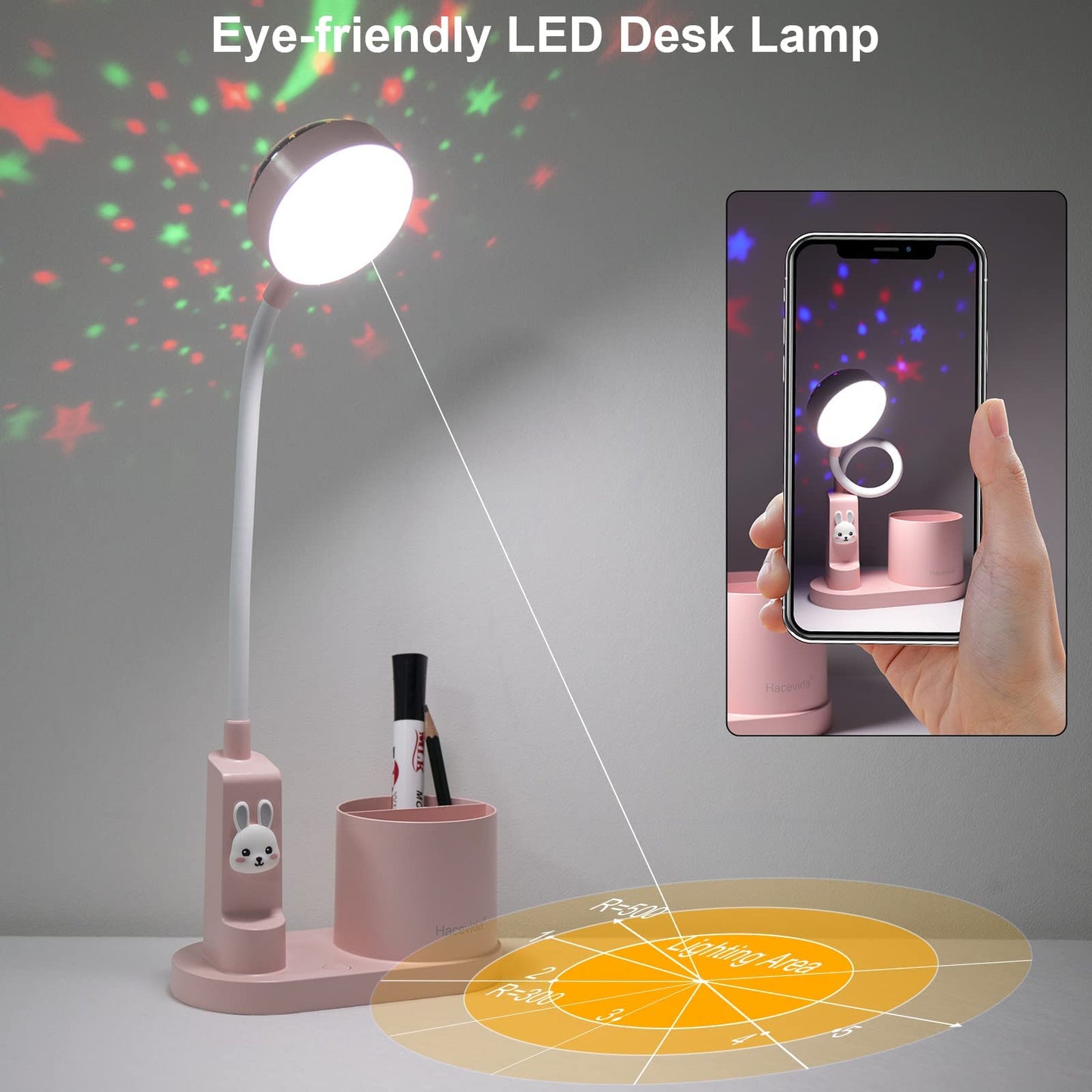 Hacevida Cute Pink Rabbit Lamp for Kids Reading Study - Star Projector/Pen Holder/3 Brightness/Eye Caring, Rechargeable Led Table Desk Lamp for Home Office Dorm Decor, Ideal Birthday Christmas Gifts