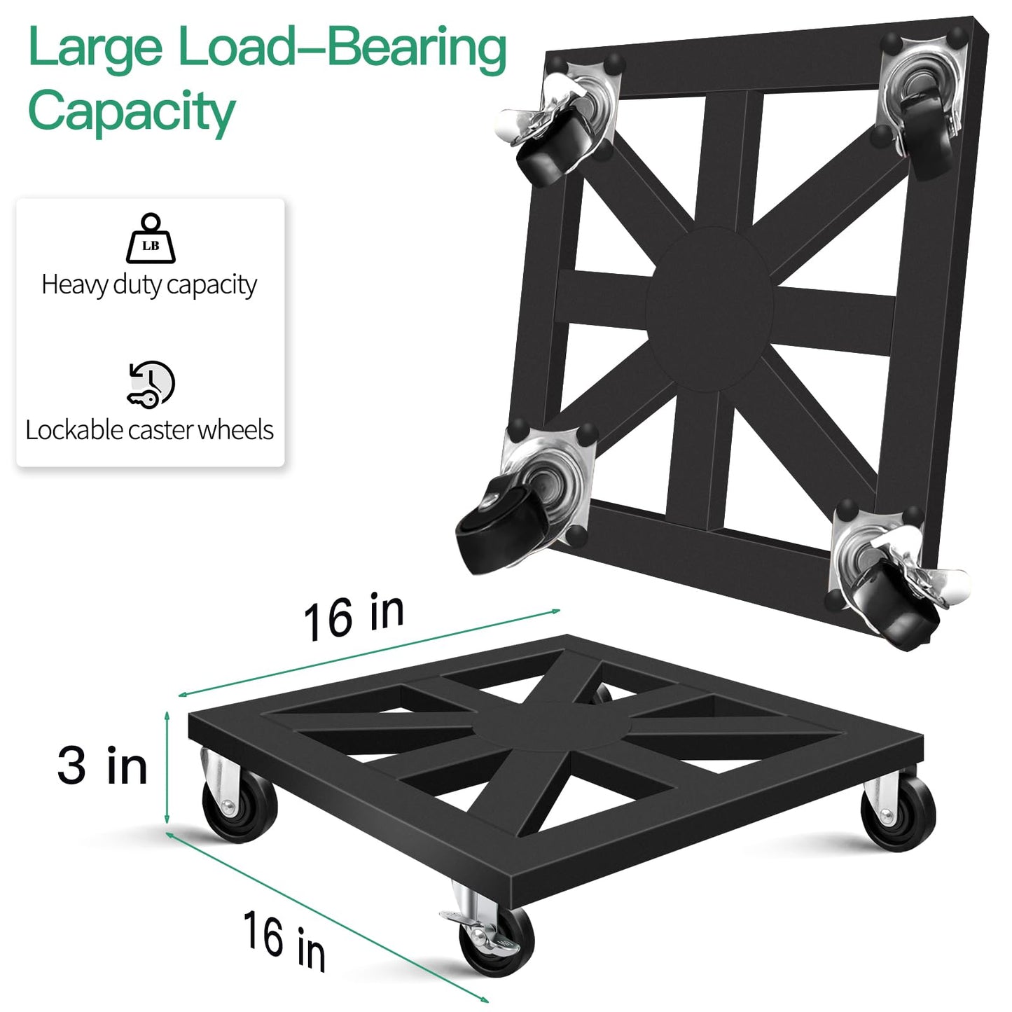 LLAXERGU Plant Caddy with Wheels, 16'' 2 Pack Metal Rolling Plant Stand Square Plant Dolly with Iron Lockable Casters Heavy Duty Pot Mover Rollers, Holds up 400 Lbs Planter