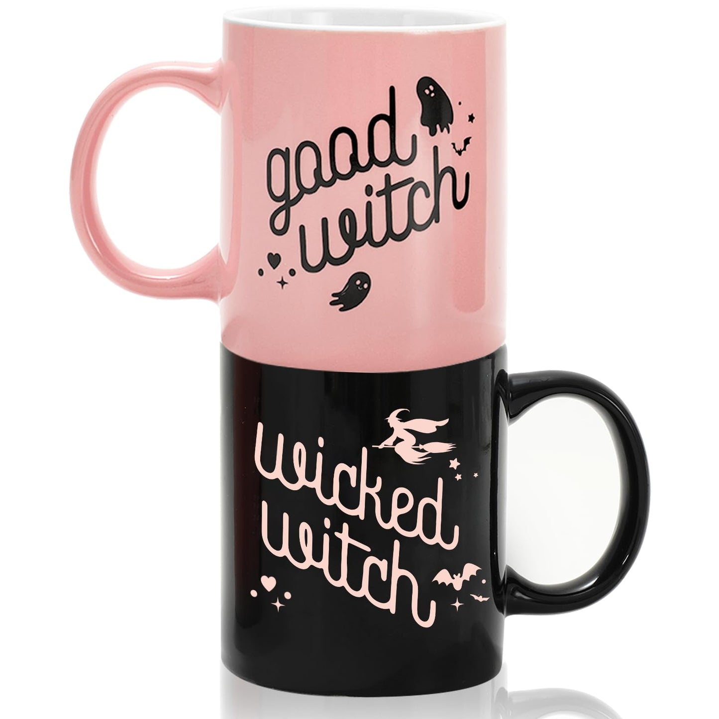 JarThenaAMCS 2Pcs Halloween Mugs Wicked Witch Coffee Mug Pink Black Ceramic Drinking Cup for Halloween Party Supplies Table Centerpieces, 12oz