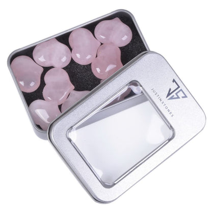 Natural Rose Quartz Gemstone Healing Crystal 1 inch Mini Puffy Heart Pocket Stone Iron Gift Box (Pack of 10)