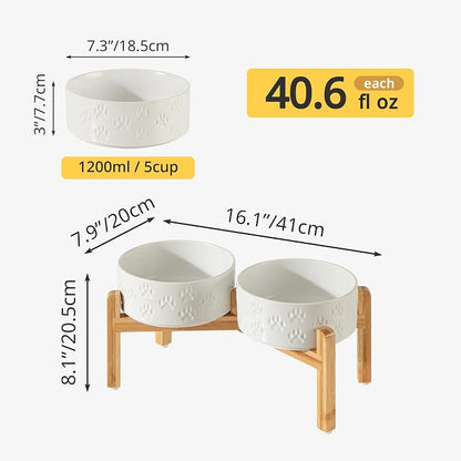 Elevated Ceramic Dog Bowls, 7.3" Dog Dishes with Stand, 5 Cup Elevated Food & Water Bowls for Medium Sized Dogs, Microwave Safe (Double Bowls + Stand - White, 7.3 inch)