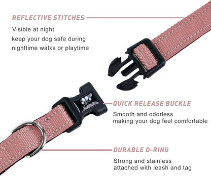 FURRYFECTION Reflective Dog Collar and Leash Set with Quick Release Buckle, Padded with Neoprene Adjustable Nylon Dog Collar for Small Medium and Large Dogs (Medium Collar+5FT Leash, Pink)