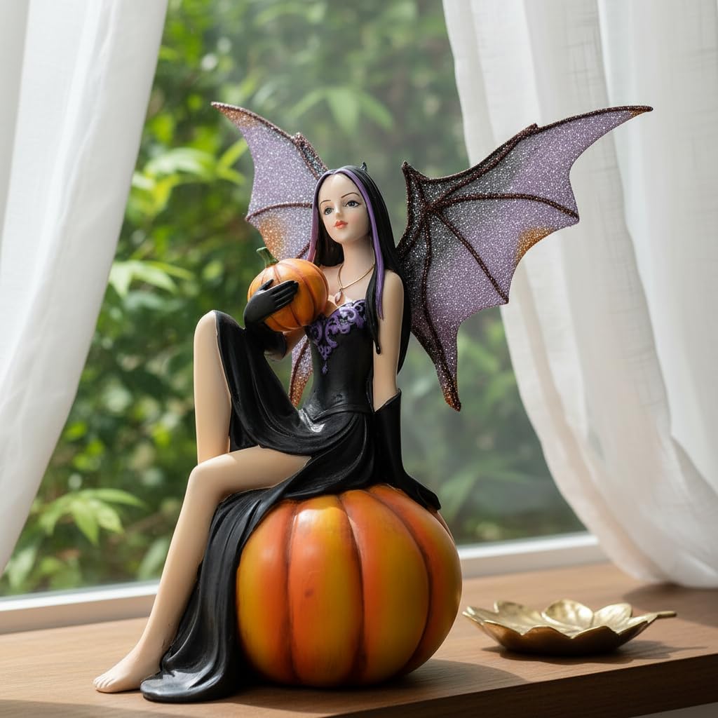 Comfy Hour 5.9" Resin Halloween Pumpkin Fairy Figurine, Gothic Dark Fantasy Sorceress Statue with Bat Wings, Mystical Antique Style Home Decor