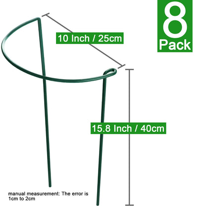HiGift 8 Pack Plant Support Stakes, Half Round Metal Garden Plant Stake Indoor Peony Cages and Supports, Green Plant Support Ring Border for Tomato,Hydrangea,Flower Outdoor (10" Wide x 15.8" High)