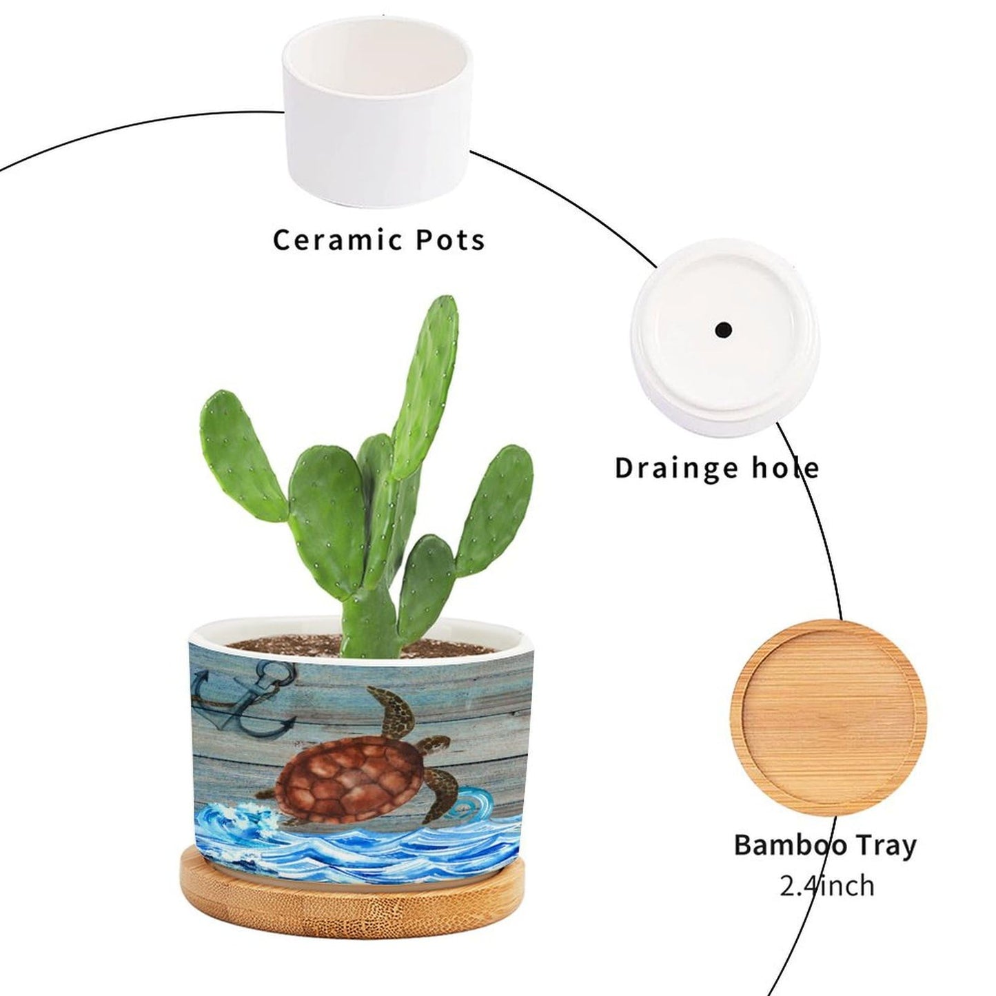 DreamAutumn Ocean Theme Sea Turtle Ceramic Pots for Plants with Drainage Holes Round Flower Pot Bamboo Tray Orchid Pot Succulents Pots for Outdoor Indoor Plants,Housewarming Gifts