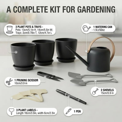 JNGROW Indoor Garden Kit - Plant Pots with Drainage, Watering Can & Tools - Ideal Windowsill Planter Set - Modern Home & Kitchen Decor Gift - Black