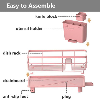 AIDERLY Auto Drain Metal Dish Drying Rack Dish Drainers, Pink | with Draining Tray, Strainer, for Kitchen Counter, Sink