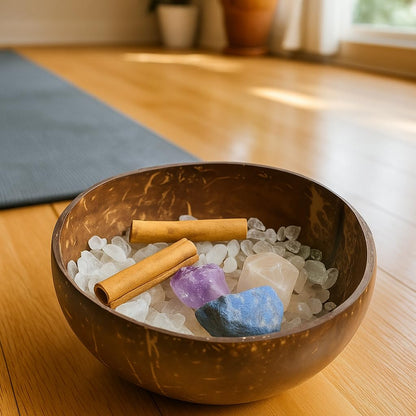 Crystal Cleansing Set with Coconut Bowl – Natural White Quartz Raw Stone, Crystal Chips & Cinnamon Sticks for Meditation, Energy Healing, and Spiritual Rituals