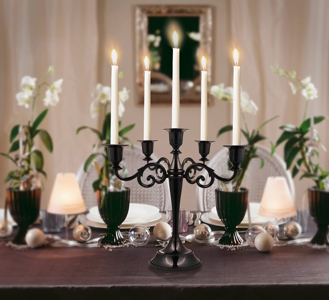 FANWNKI 5-Candle Metal Candelabra 10.2 Inch Tall Candlestick Candle Holders for Home Decor Wedding Christmas Church Halloween Party, Black