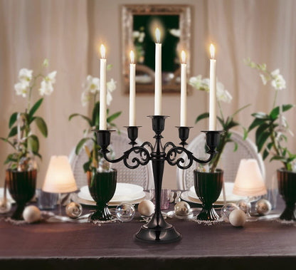 FANWNKI 5-Candle Metal Candelabra 10.2 Inch Tall Candlestick Candle Holders for Home Decor Wedding Christmas Church Halloween Party, Black