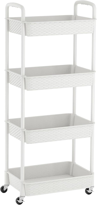 MOYIPIN 4-Tier Plastic Rolling Utility Cart with Handle,Utility Storage Cart for Office, Living Room, Kitchen,Movable Storage Organizer Shelves,White