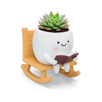 LAUGOKEBE Smily Face Reading Book Planter Pot, Cute Resin Flower Head Planters for Indoor Outdoor, Unique Sit Rocking Chair Succulent Pots with Drainage Hole Gift IdeaI for Christmas