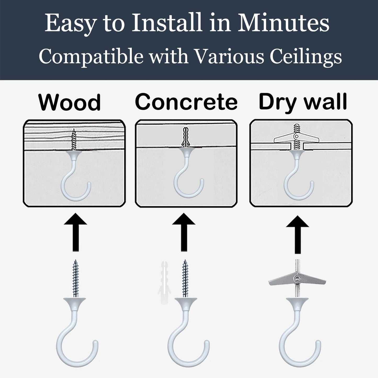 Evsteluo 4 Sets Heavy Duty Swag Ceiling Hooks with Hardware for Hanging Plants, Cavity Wall Fixing, Easy Installation, Holds Up to 30lbs, Ideal for Home & Garden (4 Sets, White)