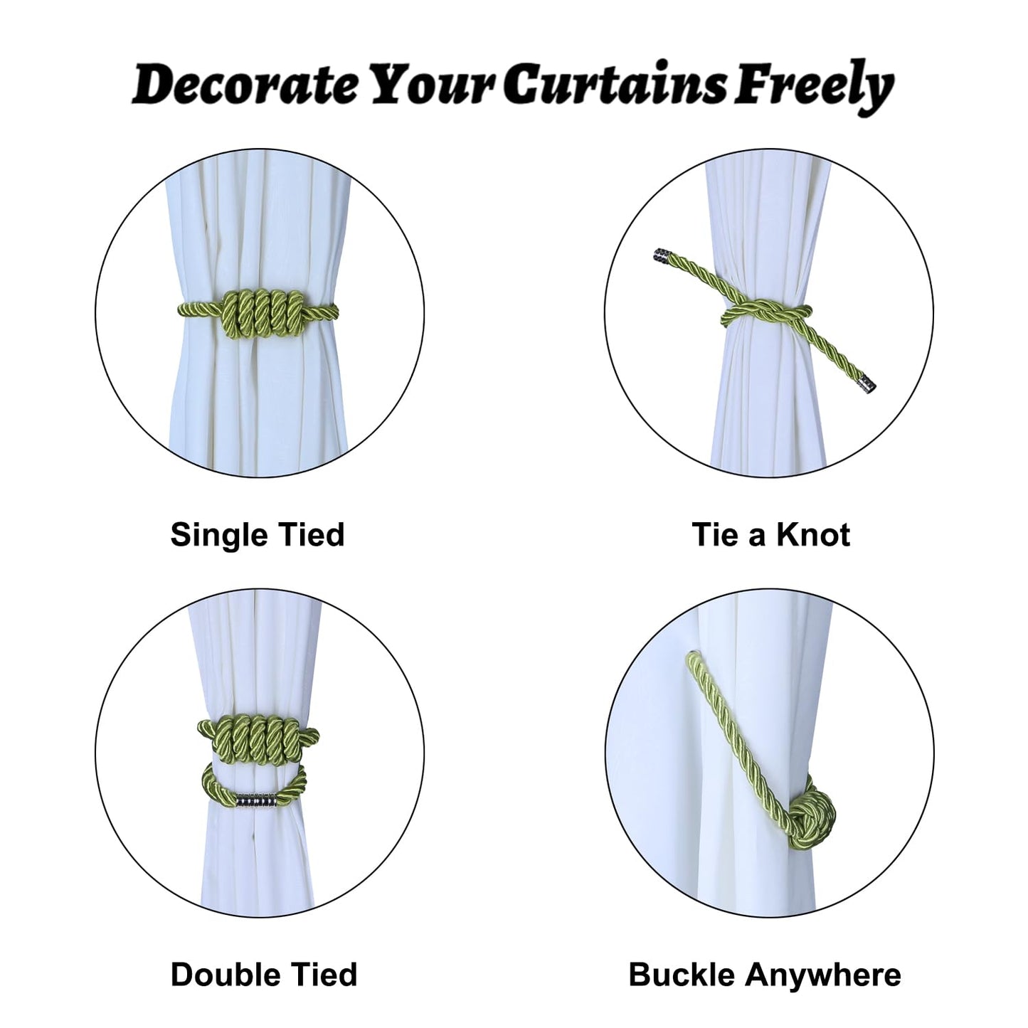 BEL AVENIR Magnetic Curtain Tiebacks, Decorative Drapery Holdbacks Modern Woven Tie-Backs with Exquisite Knot (Green, 4 Pack)