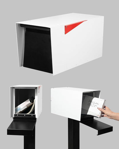Ilyapa Modern Mailbox for Post Mount - White with Black Door Powder Coated Steel, Waterproof Letter Box for Parcels, with Recessed Magnetic Close Door