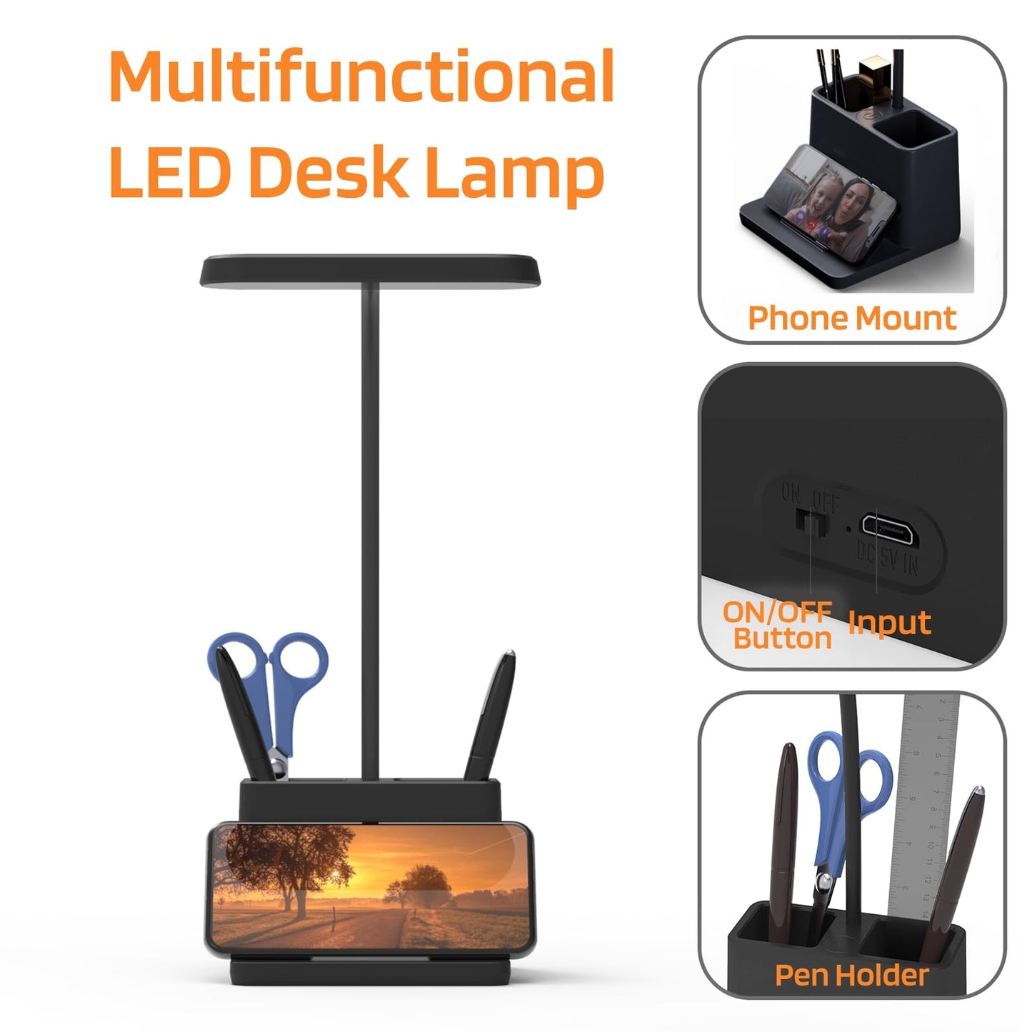 AXX Black LED Desk Lamp for Home Office Bedroom, Battery Operated Table Light for Computer Desktop, Small, Cute, Dimmable, Rechargeable, Flexible Gooseneck, Pen Holder, Phone Mount, Touch Control
