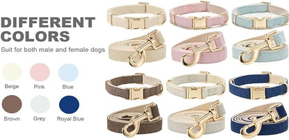 Soft Dog Collar and Leash Set Adjustable Woven Twilled Dog Collars with Metal Buckle and Lead for Small Medium Large Dogs,Blue