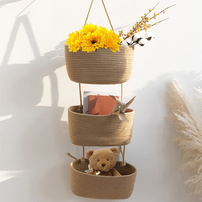 TeoKJ Over the Door Hanging Basket, 3-Tier Woven Cotton Wall-Mounted Storage Organizer Bag Decorative Hanging Nursery Baskets, Jute