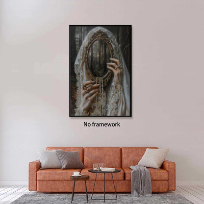 Mirror Witch Gothic Posters Victorian Goth Wall Art Witchy Dark Academia Room Home Decor Macabre Canvas Print Surreal Collage Forestcore Pictures Painting for Bedroom 16x24inch Unframed