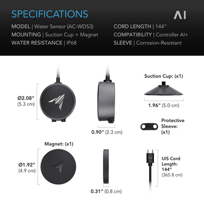 AC Infinity Water Detection Sensor Exclusively for AI Controllers, Monitor Presence of Water in Gardens, Grow Tents, Grow Spaces, Suction and Magnetic Mounting, IP68 Seal Protection
