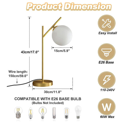 Fulesi Mid Century Modern Table Lamp, 1 Light Brass Glass Globe Bedside Lamp, Contemporary Metal Table Lamp with Milky White Glass shadefor Bedroom Living Room Study Room