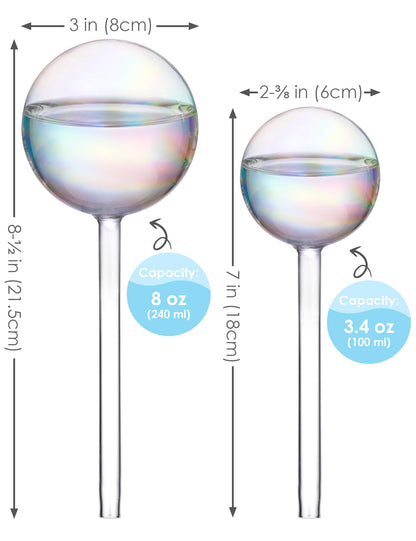 Tomorotec Iridescent Glass Self Watering Globes 4-Pack (2 Large+2 Small), Decorative Hand-Blown Rainbow Glass Watering Bulbs, Automatic Irrigation for Indoor & Outdoor Plants, Easy to Use and Maintain