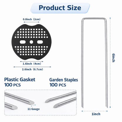 Garden Stakes,6 Inch 11 Gauge 100pcs Galvanized Landscape Staples + 100pcs Gaskets + 1Pick Hook, U-Shaped Heavy Duty Ground Stakes for Weed Barrier Fabric, Turf, Sod, Ground Cover
