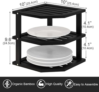 VERTORGAN 3 Tier Bamboo Corner Shelf(2 Pack),Dish Drying Rack,Plate Organizer,Kitchen Spice Rack for Countertop and Cabinet(Black)