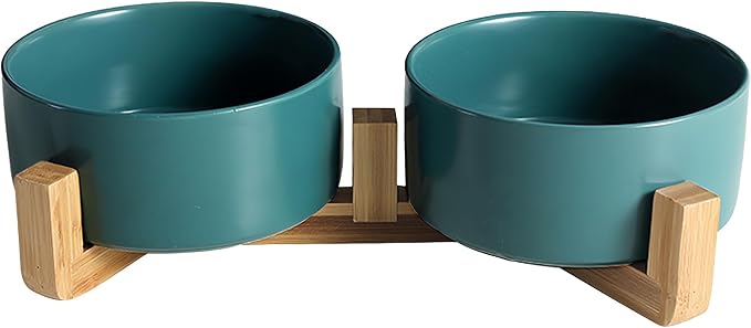 Ceramic Dog and Cat Bowls with Wooden Stand, Modern Design Pet Food and Water Dishes Set for Medium and Large Dogs, Non-Slip Feeding Station with Weighted Base, Green, 28.7 oz - Set of 2