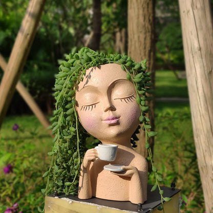 Simabsie Face Planter Pots, Resin Face Planter for Indoor/Outdoor Plants,Head Planter with Drainage Hole/Removable Saucer,Girl Holding Coffe (Coffee, Skin)