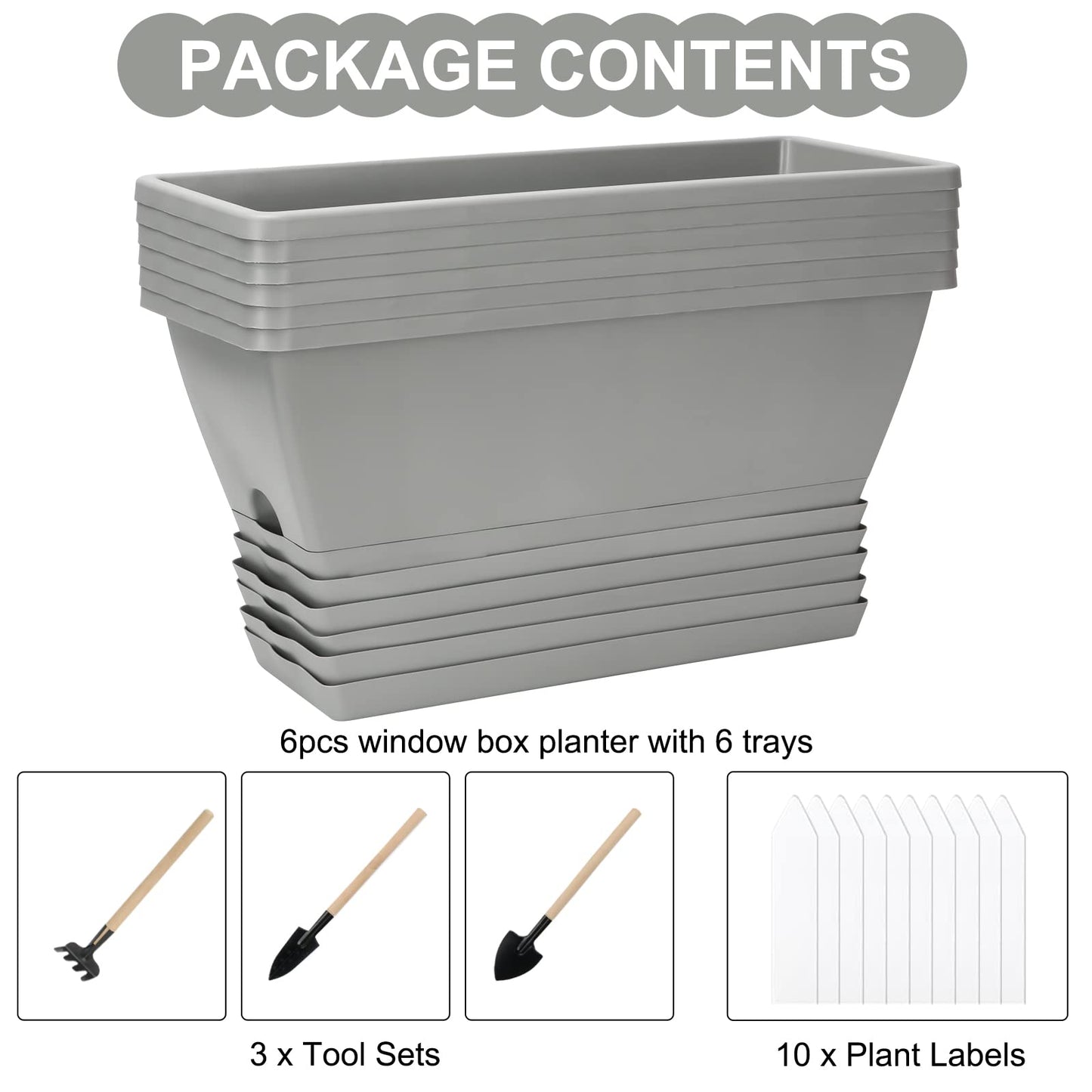OSMOFUZE Window Box Planter, 6 Packs 17 Inches Rectangle Planters Box with Drainage Holes and Trays, Vegetable Planters for Windowsill Patio Garden Home Decor Porch Yard Light Gray