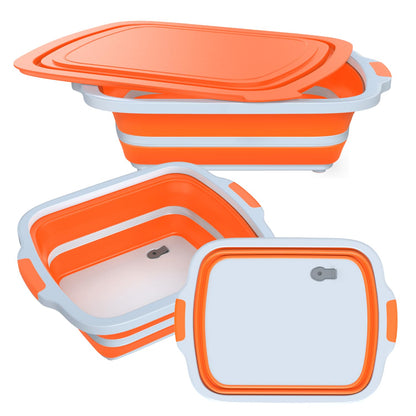 2-Pack XL Collapsible BBQ Prep Tub with Built-In Cutting Board, Lid & Strainer – Marinate, Drain & Prep – Large Food-Safe Container – Perfect for Grilling, Smoking & Outdoor Cooking