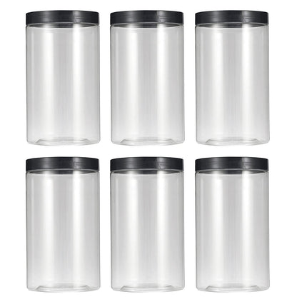 43oz (1280 ml) Clear Plastic Jars with Smooth Black Lids and Labels (6 Pack), Wide Mouth, BPA Free, PET Jars Bulk for Home & Kitchen Pantry Organization and Storage (Black)