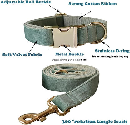 Love Dream Velvet Dog Collar and Leash Set, Soft & Comfy Adjustable Dog Leash and Collar with Heavy Duty Metal Buckle for Small Medium Large Dogs Training & Walking (Medium, Mint Green)
