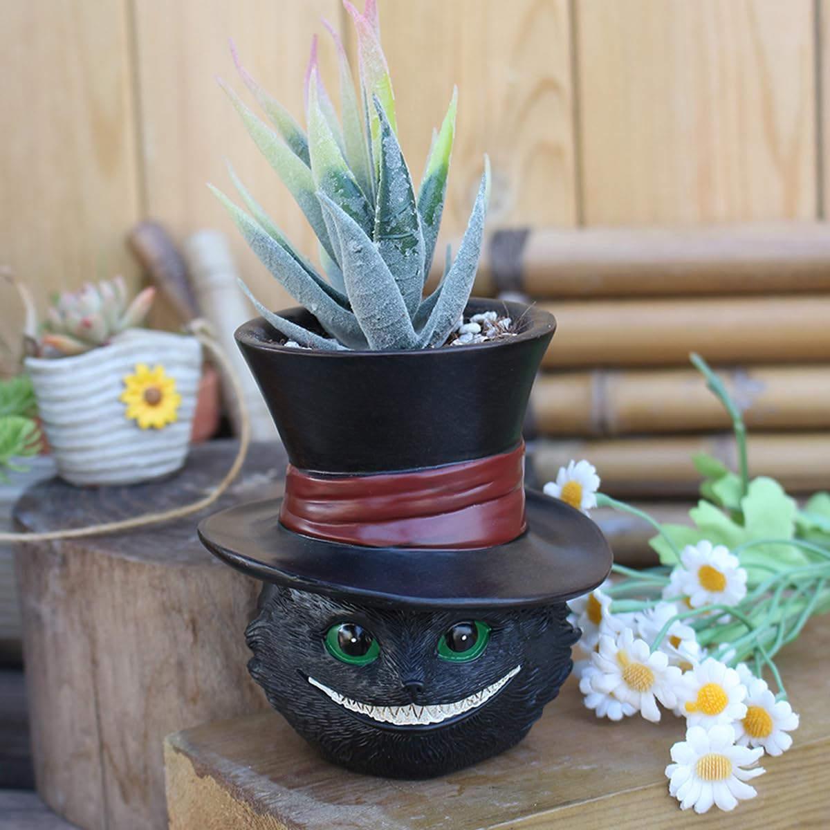 Unique Black Cat Head Little Planter Pot, Cute Succulent Indoor Flower Pot, Funny Novelty Resin Plant Flowerpot with Drain Hole, Cat Pen Brushes Holder, Lovely Desk Room Home Decor