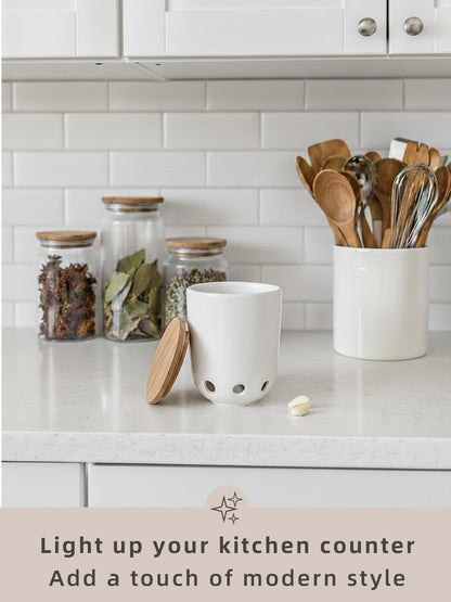 LEETOYI Ceramic Garlic Keeper for Counter, Garlic Holder with Wood Lid (White)